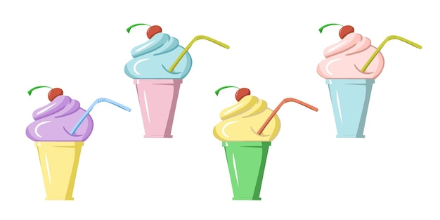 그림 세트 콜드 체리 아이스크림 맛있는 밀크셰이크와 마시는 튜브 만화 벡터 플랫