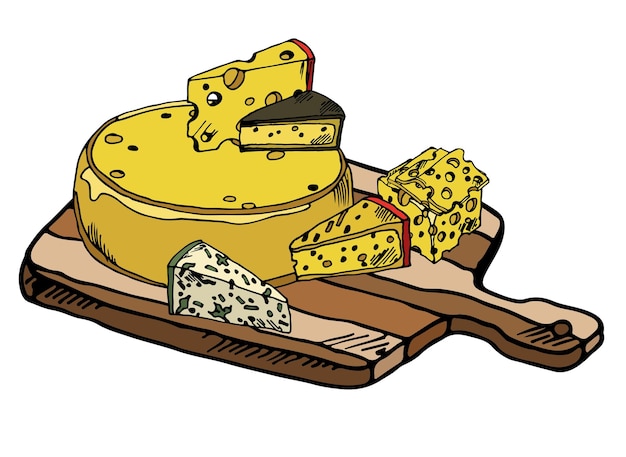 Вектор Набор кусочков сыра на разделочной доске