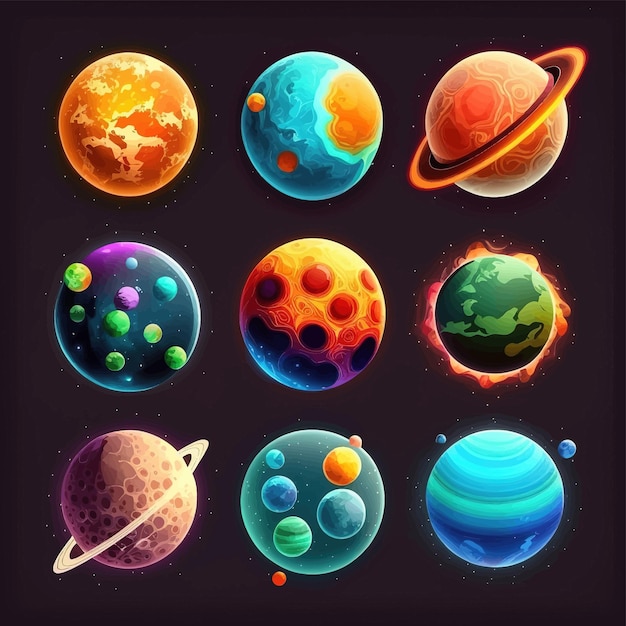 Набор планет, включая солнце, луну и сатурн.