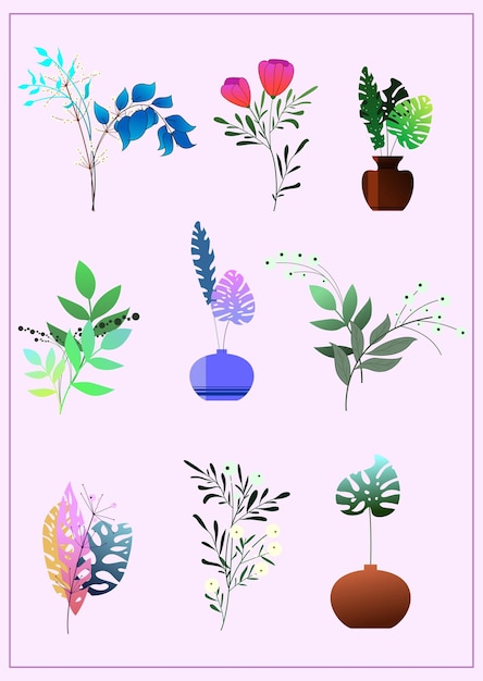 벡터 분홍색 배경에 식물과 꽃 세트