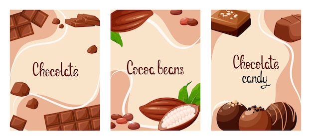 초콜릿과 코코아 콩이 있는 포스터 세트.