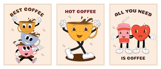 벡터 커피 마스코트의 빈티지 터 일러스트레이션으로 그루브 스타일의 재미있는 캐릭터를 가진 포스터 세트