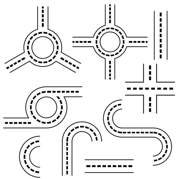 Набор элементов дороги штанцель шоссе шоссе векторная иллюстрация черный контурный рисунок