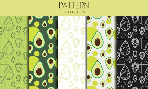 Набор бесшовных паттернов с авокадо плоский дизайн иллюстрации с фруктами в стильных зеленых тонах
