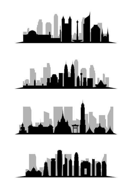 都市の建物のシルエットのセット