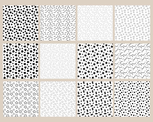 Набор простых нарисованных черно-белых узоров бесшовные узоры из абстрактных фигур