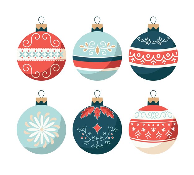 색 배경 에 있는 여섯 가지 다채로운 크리스마스 장식품 의 세트