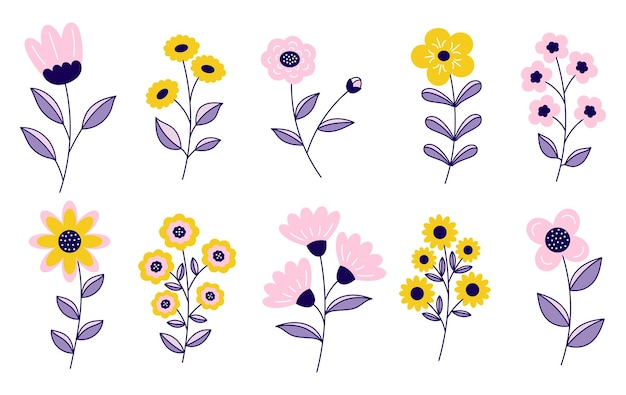 Набор весенних цветов растений и листьев в стиле мультфильма каракули