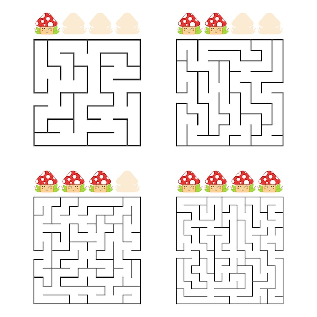 正方形の迷路のセット。 4段階の難易度。かわいいキノコ。