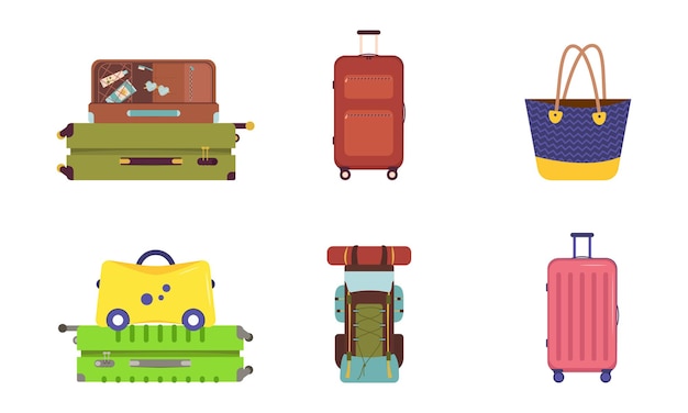벡터 휴가 및 여행용 가방 세트. 관광객을위한 여름 상품. 수하물 가방과 배낭.