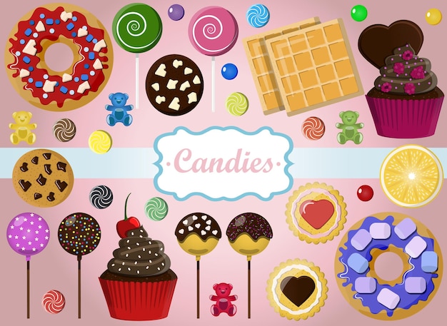 Вектор Набор конфет на розовом фоне набор для кондитерской candy bar на праздник