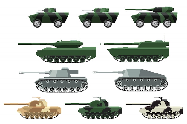一連の戦車、砲台、装甲兵員輸送車。