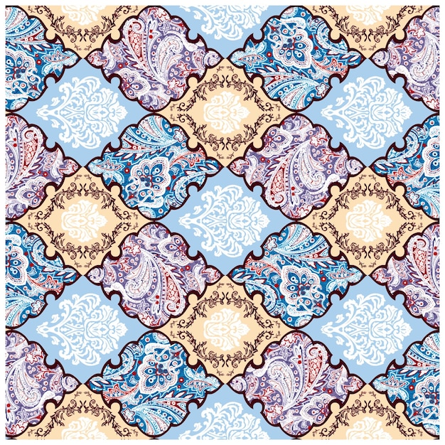 꽃의 패턴과 파란색과 색의 배경으로 된 타일 세트