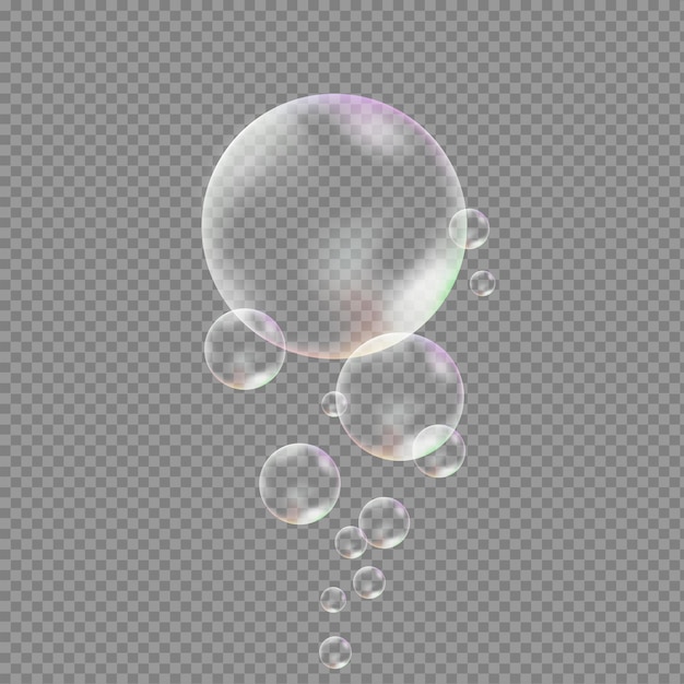 Набор прозрачных мыльных пузырей, взлетающих вверх. векторная иллюстрация