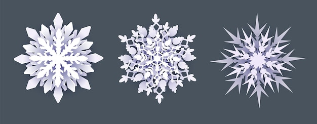 暗い背景に切り抜き紙スタイルのボリュームのある雪片のセット。冬のモチーフ。ベクター。