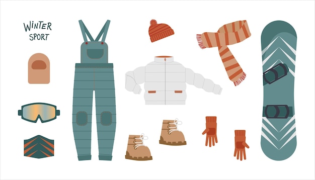 Вектор Комплект теплой одежды для зимних видов спорта и сноуборда векторная иллюстрация на белом фоне
