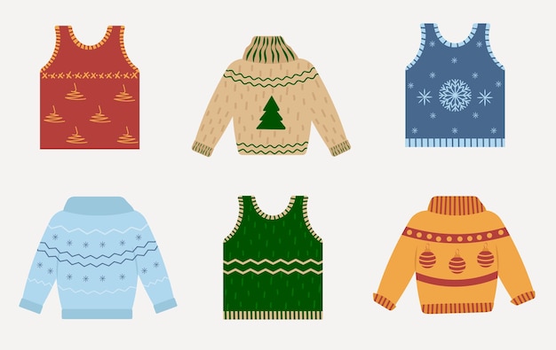 Набор теплых жилетов и свитеров ткацкая одежда для холодной сезонной погоды иллюстрация для печати векторная иллюстрация в плоском стиле