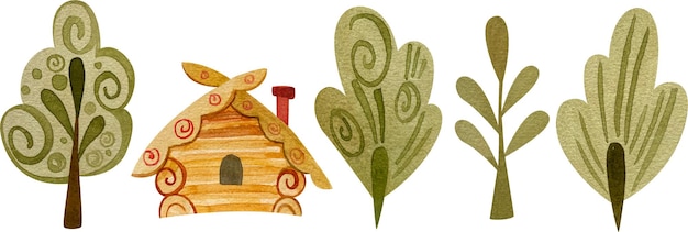 フォークスタイルの家と木の水彩イラストのセット