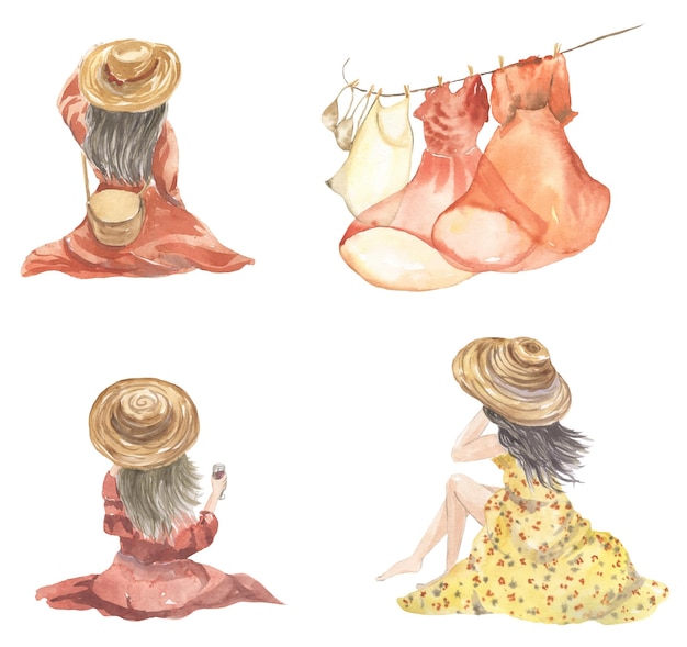 Набор акварельных иллюстраций девушек в красивых платьях, сидящих спиной