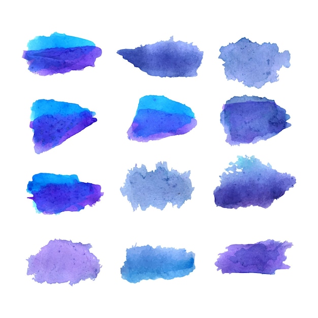 Вектор Набор акварельных кистей с брызгами синей краски.