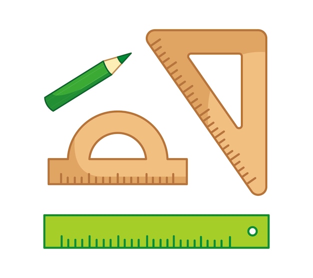 Набор деревянных и пластиковых линеек и карандаш векторная иллюстрация канцелярских принадлежностей в мультфильме