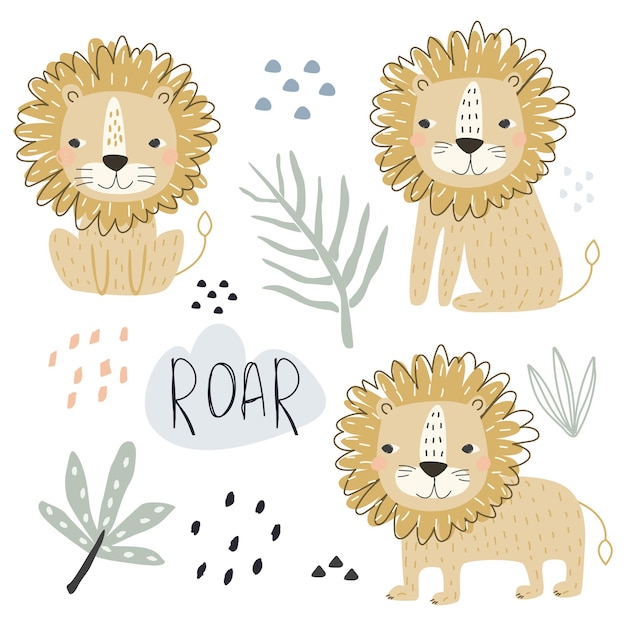 Вектор Набор с милыми животными льва и декоративными элементами для печати векторная иллюстрация
