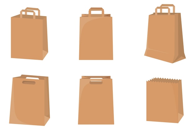 食品用の紙袋のセット 食品を入れたスーパーマーケットの紙袋のベクトルイラスト