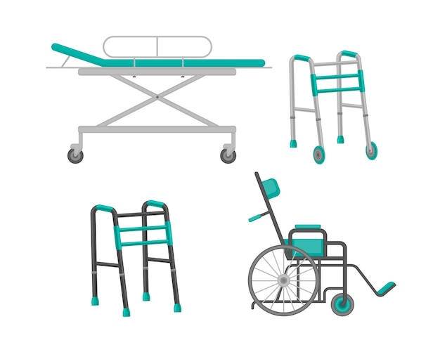 의료용 휠체어 및 워커 벡터 일러스트레이션과 같은 의료 정형 액세서리의 이미지가 있는 세트
