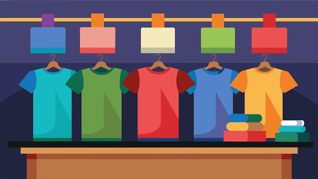 Вектор Витрина магазина с разнообразными красочными футболками, готовыми к покупке заинтересованными клиентами