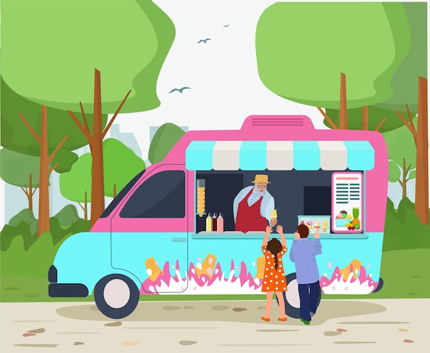 ベクトル 子どもたちの売り手と買い手がいるアイスクリームやデザートを販売する車輪付きの店
