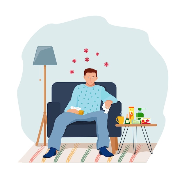 ベクトル 風邪インフルエンザの症状のある病人が家の椅子に座って薬を飲んでいる