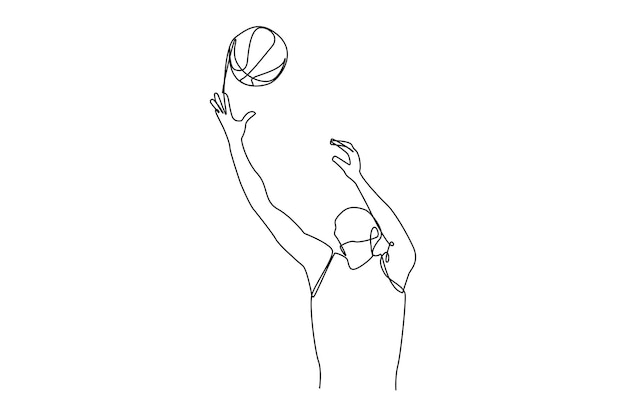 Вектор Простой непрерывный рисунок человека, играющего в баскетбол, простая линия, минималистская концепция повседневной деятельности, простая линия, черно-белый дизайн, непрерывная линия.