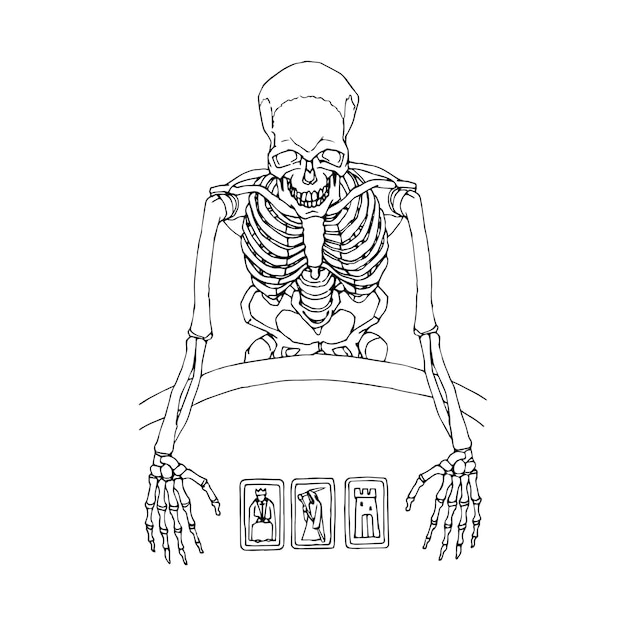 Вектор Скелет за карточным столом, чтение карт таро
