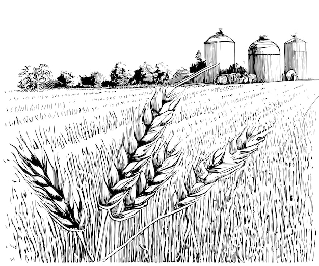サイロとサイロのある麦畑のスケッチ