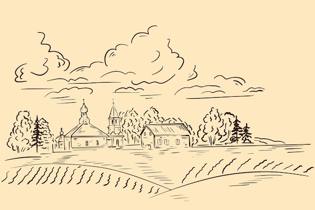Эскиз деревни с церковью на расстоянии векторного рисунка руки