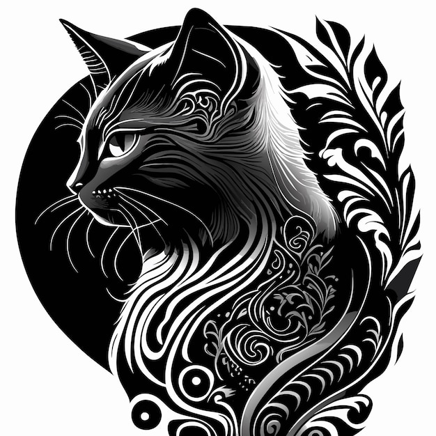 Вектор Гладкая черно-белая татуировка кошки с замысловатыми деталями и оттенком реализма.