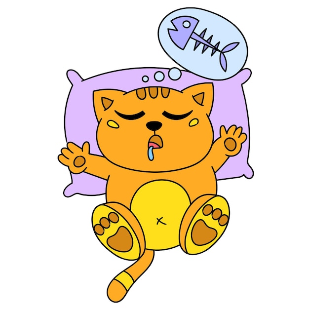 Вектор Спящий котенок мечтает о рыбе, изображение значка каракули. мультипликационный персонаж милый рисунок каракули