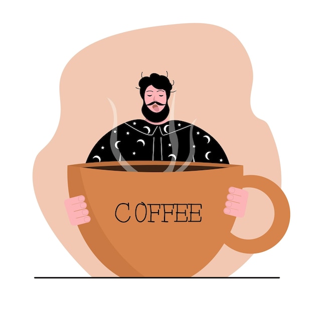 ベクトル パジャマを着た乱れた髪の眠そうな男が手に巨大なコーヒーカップを持ち、あくびをするベクターイラスト