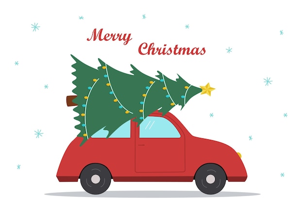 ベクトル 小さな漫画の車が屋根の上にクリスマス ツリーを運んでいます。ベクトル図 新年あけましておめでとうございますとメリー クリスマスのグリーティング カード