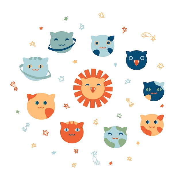 ベクトル 猫の形をした惑星を持つ太陽系 t シャツ ステッカー ポスターのかわいい幼稚な印刷装飾とデザインのベクトル図