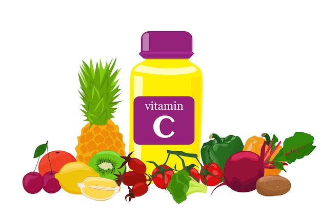 ビタミンcの供給源。果物や野菜にはアスコルビン酸が豊富に含まれています。製品のセット。