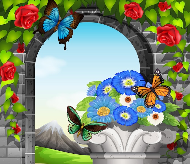 顕花植物と蝶のある石垣