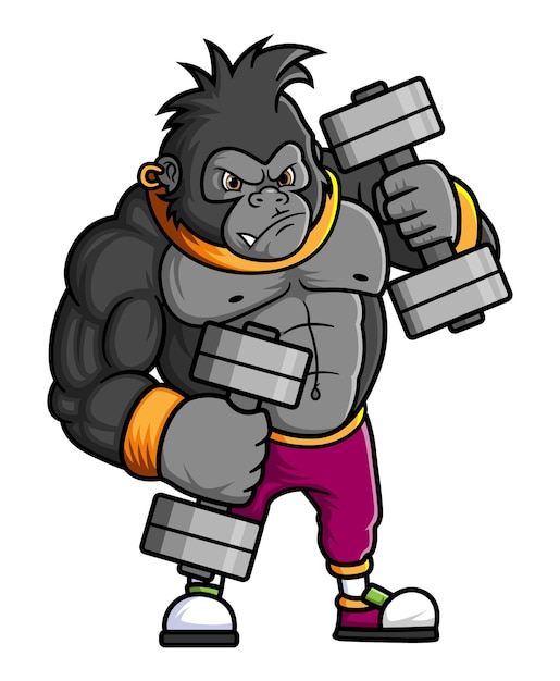 Сильная горилла тренируется и поднимает две большие штанги в спортзале