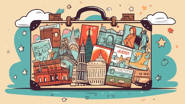 人気の観光地を描いた世界地図を背景に、各国のランドマークのステッカーを貼ったスーツケース