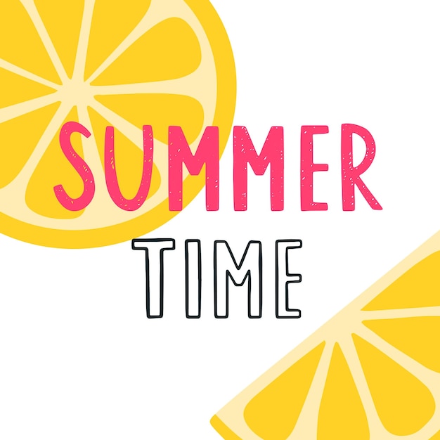 Вектор Летняя открытка с нарисованной от руки фразой summer time lettering на фоне милых лимонов