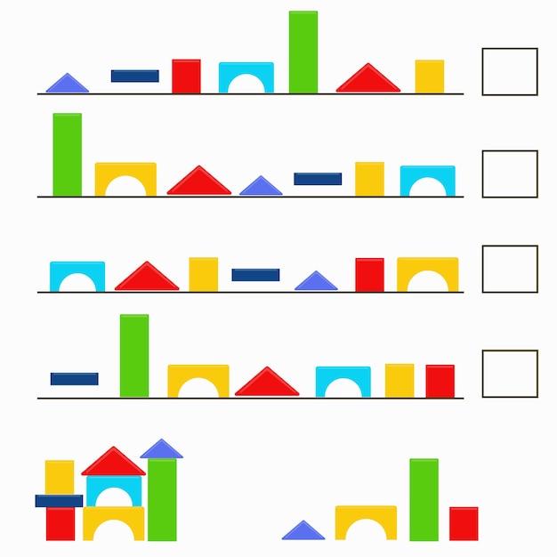 벡터 아이들을 위한 논리 발달을 위한 과제. 다채로운 디테일이 있는 퍼즐. 벡터