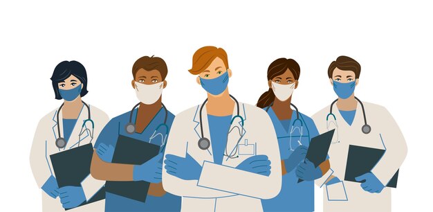 Команда врачей в масках и стетоскопах на белом фоне эпидемия