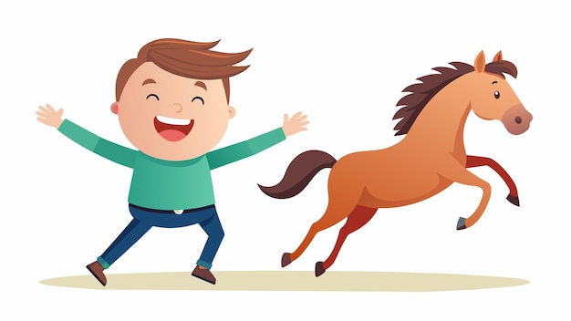 ベクトル ダウン症候群のティーンエイジャーの少年が馬が腕を振って走り始めると制御不能に笑う