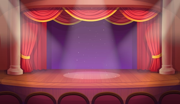 Вектор Театральная сцена с красным открытым занавесом иллюстрация шаблона вектора