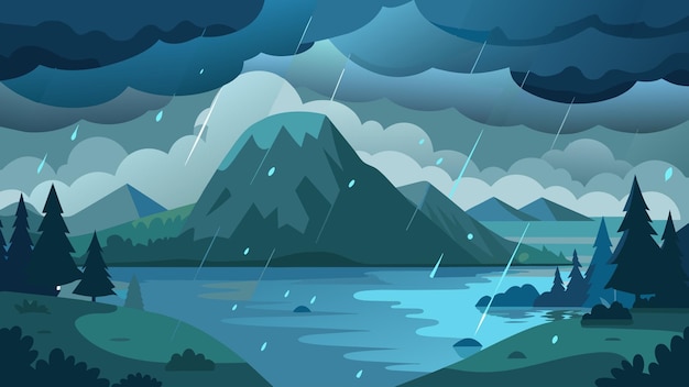 ベクトル 激しい雨嵐の混沌の下で輝く静かな湖のベクトルイラスト